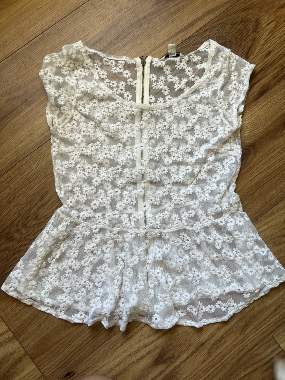 American Eagle Outfitters 2010’s White Floral Lace Sheer Top with Zip up Back